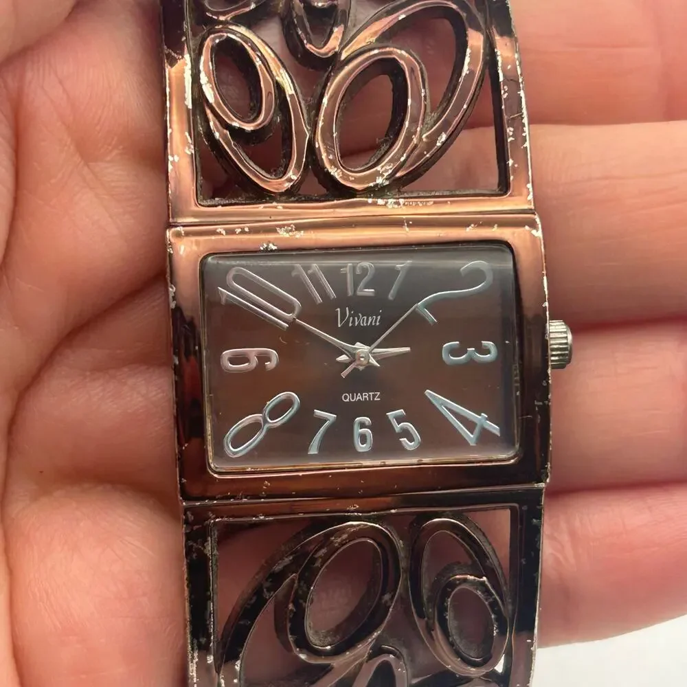 Vivani Women's Rose Gold Tone Wide Cuff Bangle Watch Working New Battery